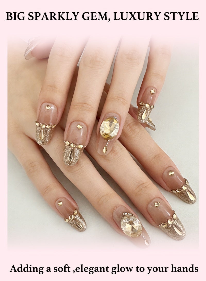 Luxury Gold Glitter French Tip Press On Nails - Oversized 3D Crystal Rhinestone Accents, Reusable Nude & Gold Ombre Fake Nails for Wedding & Gala Glamour - Image 1